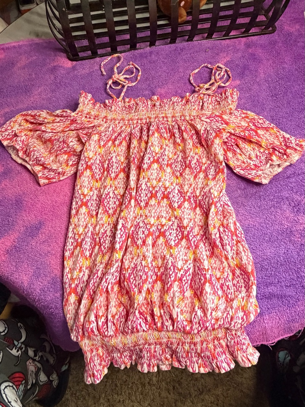 Energie Pink and Yellow Smocked Off-Shoulder Camisole